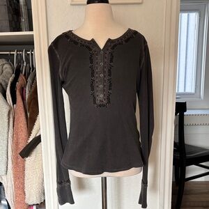 Lucky Brand Charcoal Embroidered Long Sleeve Top